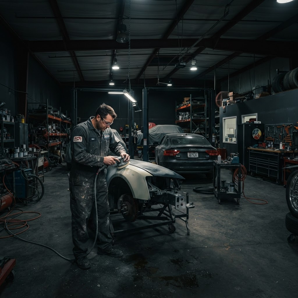 Technician working on a vehicle inside an auto body shop